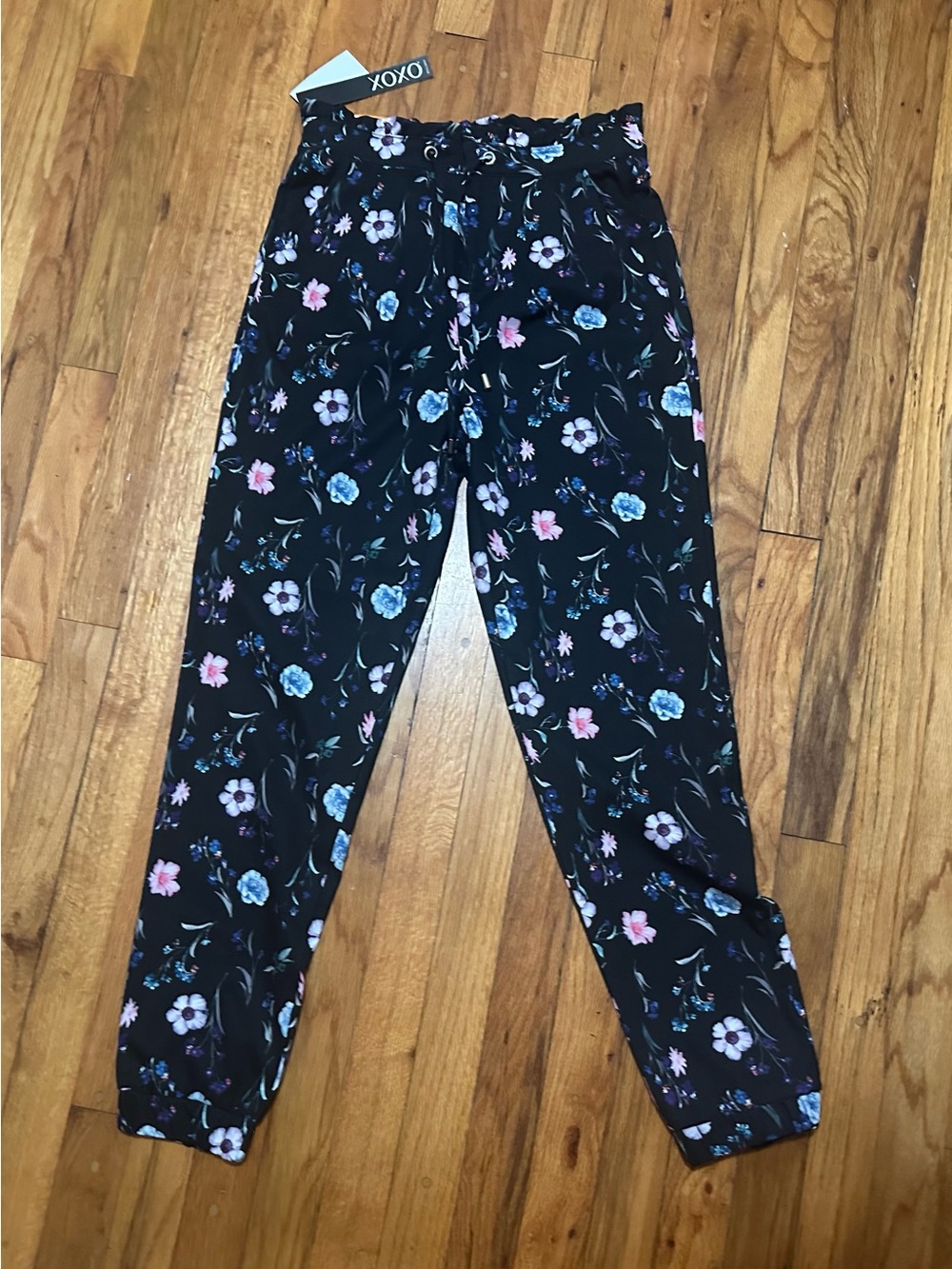 XOXO Black Floral Paperbag Waist Joggers with Blue & Pink Blooms
